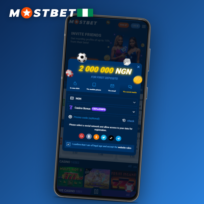 Mostbet email registration tile with a confirmation email and Verify button in an inbox