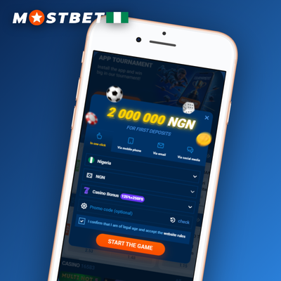 Mostbet phone registration tile showing an SMS verification code on a smartphone