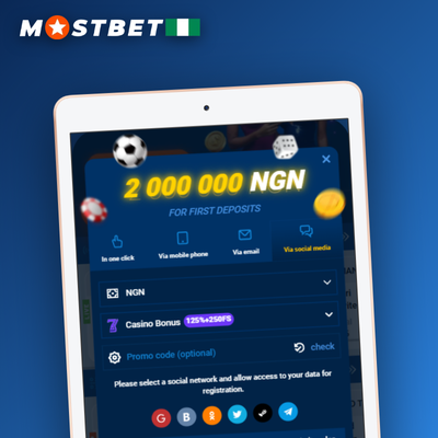 Mostbet social network registration tile linking social logos to a player profile avatar